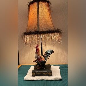 Rooster Table Lamp with Feathered Shade
